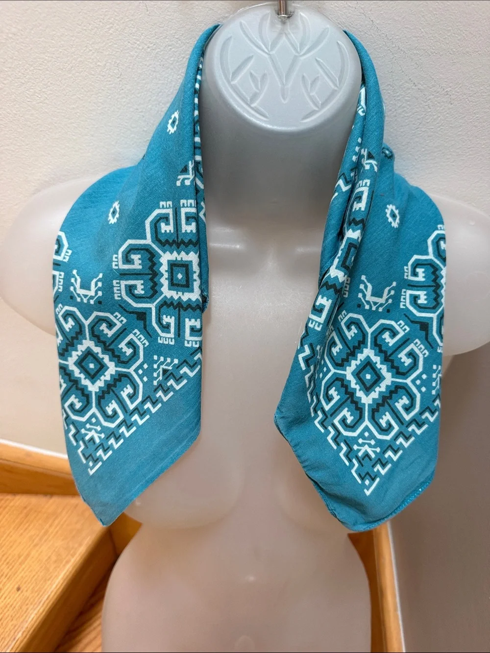 VTG Turquoise Blue Aztec Geometric Cotton Bandana Made in USA RN13960 80’s-90’s